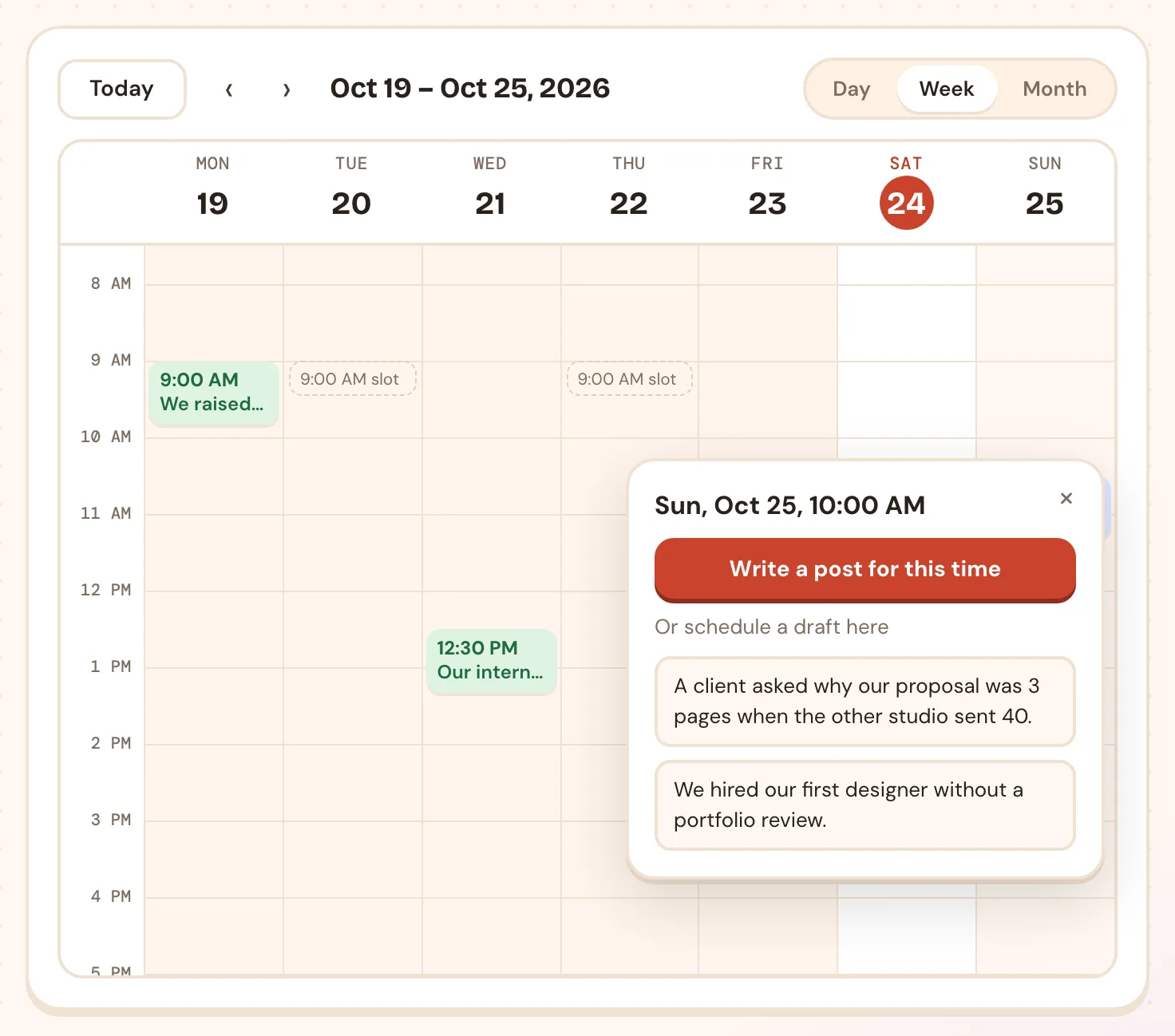 Clicking an empty time opens a box to write a post for that time or schedule a draft there