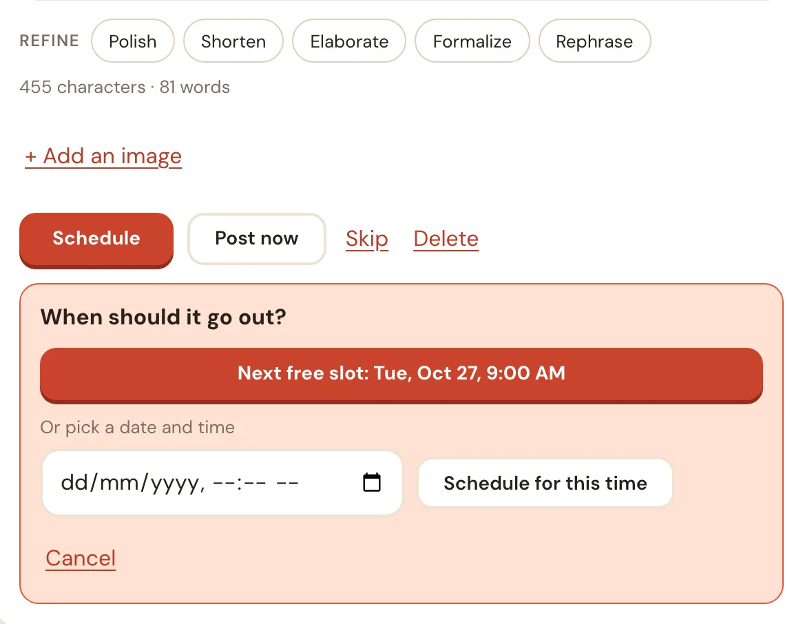 The schedule box with Next free slot and a date and time picker